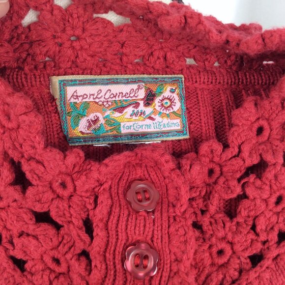 April Cornell Cardigan Sweater Womens Medium Red Ribbed Floral Crochet Button Up - Picture 9 of 9